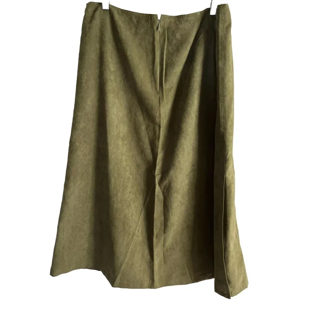 Allison Morgan Olive Green Faux Suede Women’s Midi A-line Skirt Size L